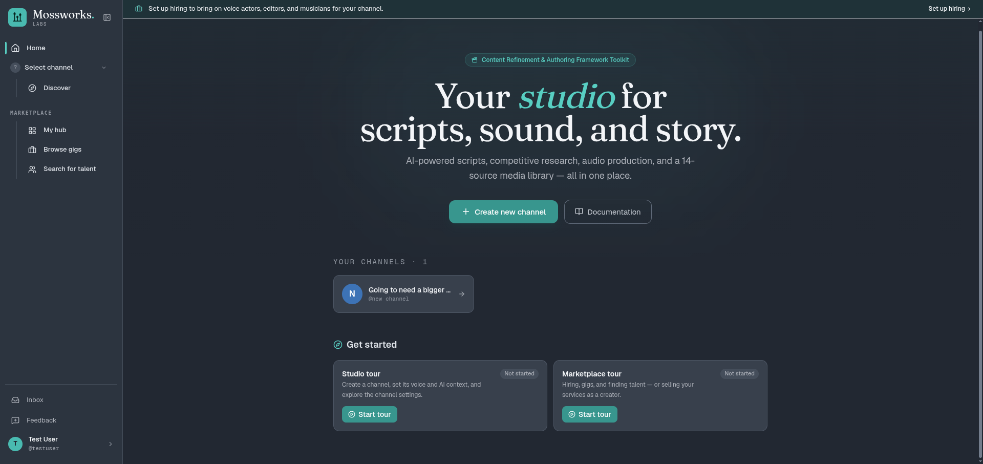 The Get started panel on the home dashboard, showing the Studio and Marketplace tours