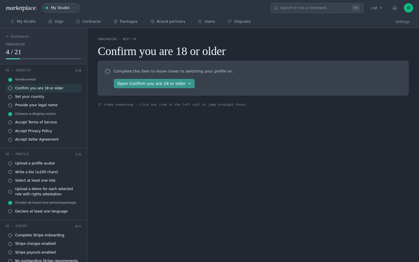 Onboarding checklist — 4 of 21 items, identity / profile / stripe sections