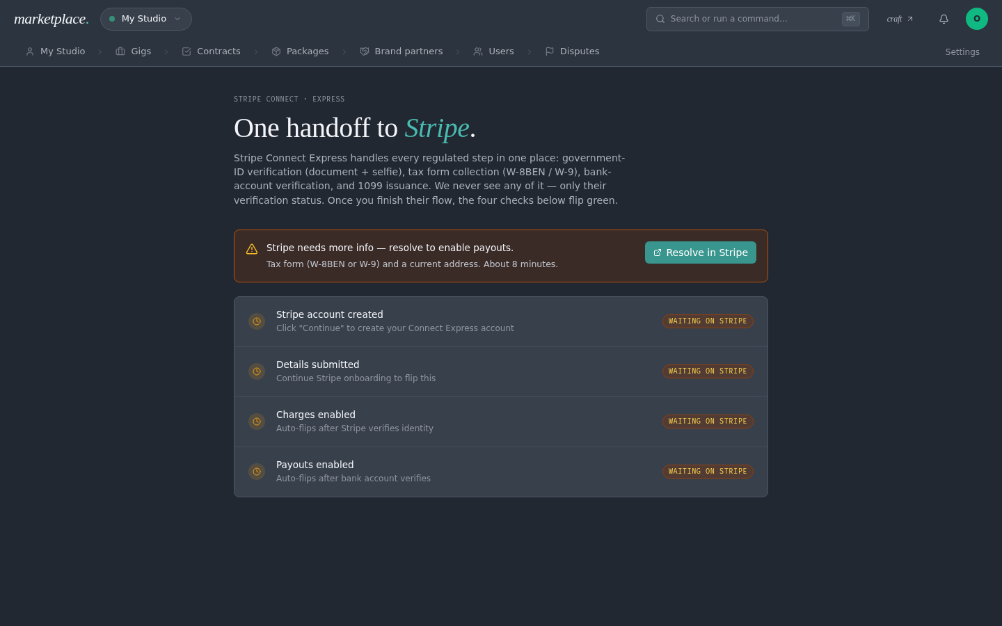 Stripe handoff — four checks waiting on Stripe
